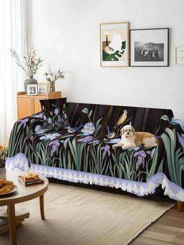 Spring Flowers Sofa Cover Blanket Couch Covers for Armchair Cushion,Couch Sofa Silpcover with Tassel,Blue Floral Leaves Birds Country Farm Wood Grain Throw Towel Blanket Covers XX-L 71x150