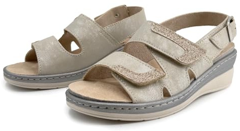 JOMIX Sandali Donna Comodi Ortopedici con Strappo Regolabile e Fibbia al Tallone Plantare Estraibile in Pelle Scarpe Anziani Estivi Traspiranti Ergonomici Anatomici per Piedi Sensibili Gonfi Beige 37