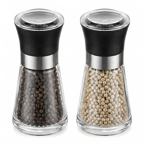 2pcs Premium Salt and Pepper Grinder Set - Manual Glass Spice Mills with Adjustable Ceramic Coarseness - Refillable Black Pepper Grinder for Kitchen and Dining