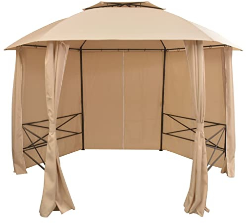 vidaXL Gartenpavillon mit Vorhängen Partyzelt Gartenzelt Festzelt Pavillon Sonnenschutz Bierzelt Zelt Garten Hexagonal Beige 360x265cm