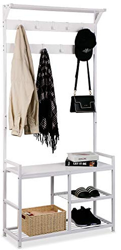 Leader Accessories Garderobenständer mit Bank Metallgarderoben rustikal Kleiderständer 182x30x84cm (HxTxB) Weiß