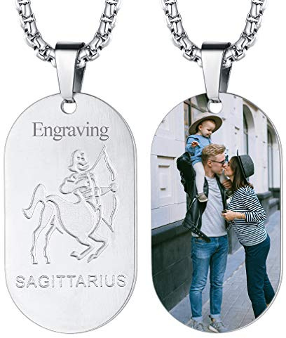 FaithHeart Collier Photo Personnalisé,Pendentif Signe Astrologique Sagittaire Acier Inoxydable avec Chaîne 60cm,Bijoux Zodiaque Plaque Militaire Image Personnalisable Cadeau Homme Garçon Femme