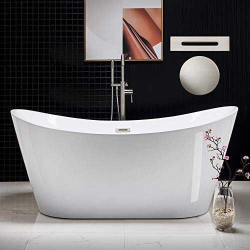 WOODBRIDGE 67 Acrylic Freestanding Bathtub Contemporary Soaking Tub, White Acrylic (Brushed Nickel Drain/Overflow),B-0010 B/N-Drain &O