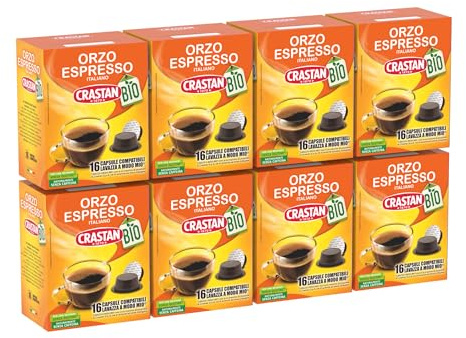 CRASTAN 1870 - Capsule compatibili A Modo Mio ® - Orzo Biologico - 8 Box da 16 per un Totale di 128 Capsule - Naturalmente Privo di Caffeina