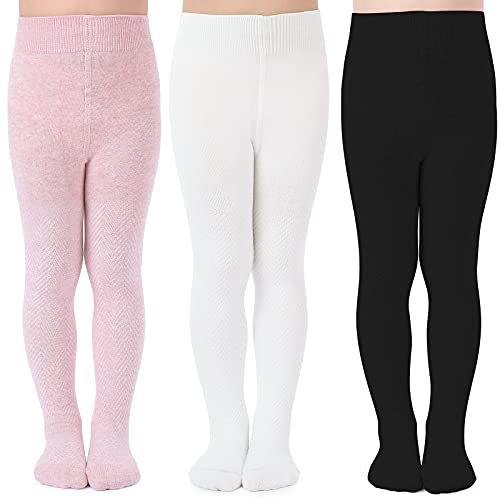 tanzdunsje Flickor strumpbyxor barn stickade strumpbyxor bomull 3-pack håller dig varm, Vit rosa svart, 2-3 År