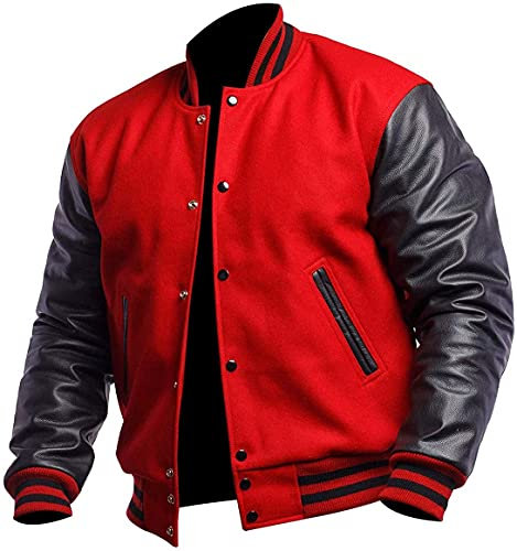 Mens Red Varsity Jacket Leather Sleeves Baseball Letterman Wool Jacket