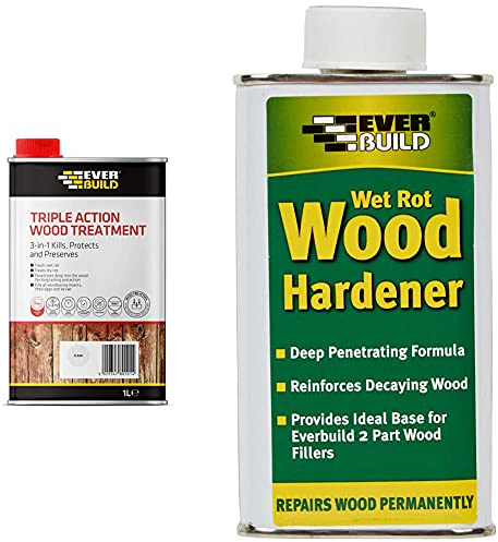Everbuild Triple Action (Kills, Protects and Preserves) Wood Treatment, Clear, 1 Litre & WOODHARD2 LumberIrwin Wet Rot Wood Hardener 250ml