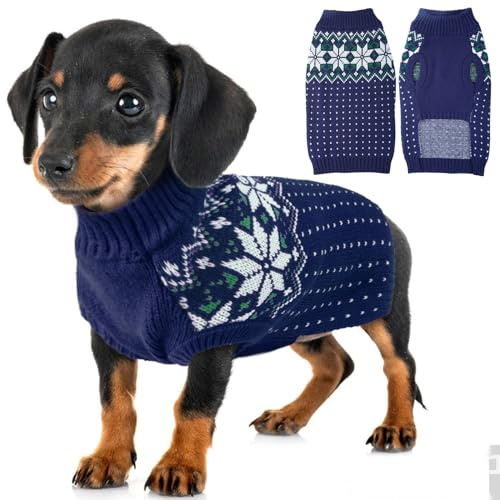 Hundepulli Kleine Hunde, Weihnachtspullover mit Schneeflockenmuster Strick Elastisch Hundepullover Shih Tzu Chihuahua Festlich Pullover für Drinnen Für Zusätzliche Wärme Und Komfort, Blau S