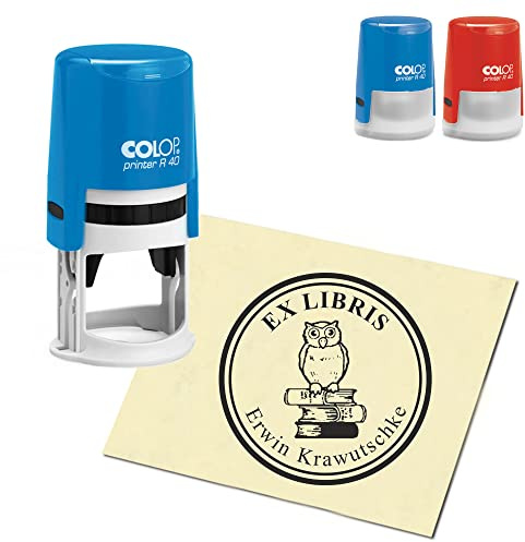 Ex Libris Stempel personalisiert rund Exlibris - Eule auf Buch - 40mm COLOP Automatikstempel als Namensstempel Bürostempel