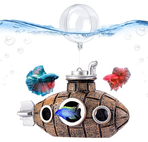 Floating Fish Tank Decoration, Little Cute Retro Submarine Aquarium Decoration with Two Float Balls, Resinous Fish Tank Accessorie, Safe Fish Toy for Betta Cichlid Goldfish Shrimps Hermit Crabs