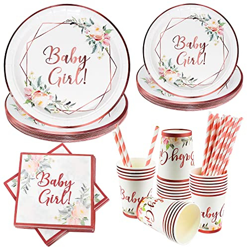 CHRI Babyparty Deko Mädchen Partygeschirr Set für 24 Gäste,120STK Roségold Geschirr Abbaubarer Speiseteller Pappbecher Papierhandtücher Strohhalme Baby Shower Gender Reveal (Mädchen)