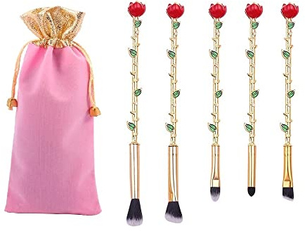 5 Pcs Beauty Eye Shadow And The Beast Rose Flower Shape Makeup Brushes Set Artists With Gift Bag For Daily Makeup (Gold)