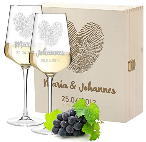 3-tlg Weinset mit personalisierter Wunschgravur - Motiv Herz Fingerabdruck - 2x Leonardo Weißweingläser Puccini 560 ml, 1x Holzkiste - nachhaltig - Echtholz - DIY Geschenk - Paar, Liebespaar