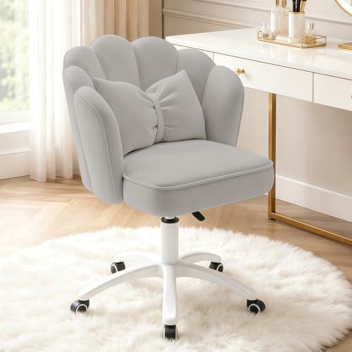 HDHNBA Vanity Chair Velvet Petal Desk Chair Upholstered Modern Tufted Home Office Chair with Back,Height Adjustable Computer Task Chair for Bedroom Living Room(Grey)