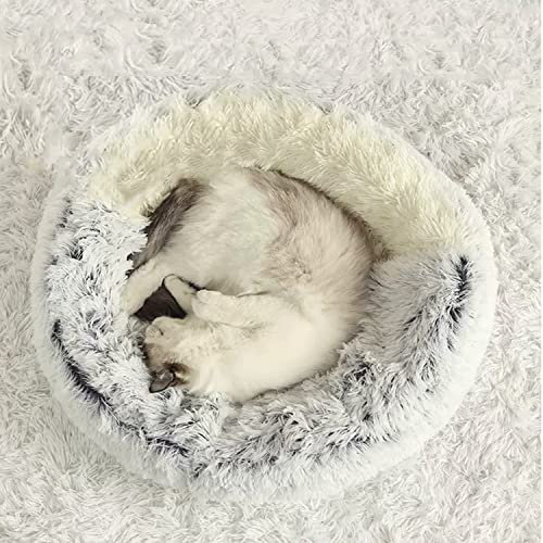 Katzenhöhle Bett Haustierzelt Kapuze Katzenbett Weicher Plüsch Donut Katzenschlafsack Winter Warm Flauschiges Hundekissen Rutschfest Waschbar (65 cm, Plüschgrau)