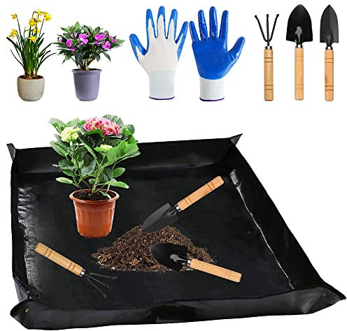 QINERSAW 100x100cm wasserdichte Pflanzen Gartenmatte Umtopfen Pflanzmatte Garten Umtopfmatte Pflanzen Faltbare Pflanzunterlage Gartenarbeitsunterlage Plant repotting mat mit Gartenwerkzeug Schwarz