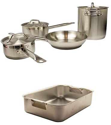 Batterie de cuisine 5 pièces comprenant deux poêles à sauce, une casserole et une poêle à frire - induction - acier inoxydable - rôtissoire aluminium