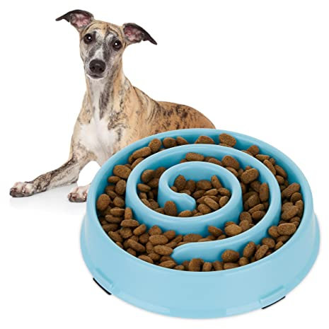 Relaxdays Anti Schling Napf, Futternapf für Hunde, Tiernapf 600 ml, langsames Fressen, Hundenapf spülmaschinenfest, blau, 5 x 21 x 21 cm
