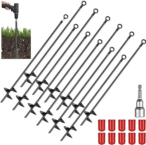 Lasnten 12 Pcs 30 Inch Heavy Duty Ground Anchor Spiral Blade Earth Anchor Kit Metal Anchor Hook Beach Sand Stakes Camping for Securing Animals, Shelters, Tents, Canopies (Black)