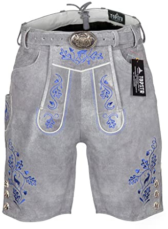 top str Herren Oktoberfest Trachtenlederhose Bayrische Lederhose Kurze Lederhose mit Trachtengürtel Grau Gr. 44-64 (60)
