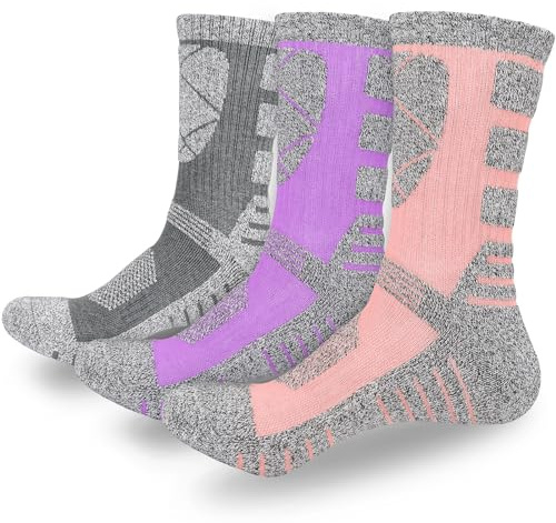 KOOOGEAR Walking Hiking Socks Women 3-7 Multipack, Anti Blister Cushion Athletic Socks (UK3-7, Pink+Purple+Grey)