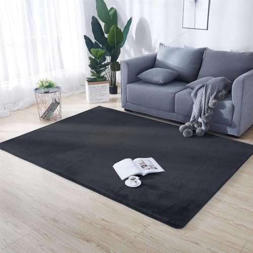 ZWPILY Hochflor Teppich, Einfarbig, Flauschiger Langflor Teppich, Shaggy Flokati, Rechteckig, Pflegeleicht, Wohnzimmerteppich - Fellteppich - Modern Kunstfell Carpet für Schlafzimmer,Schwarz,60x90 cm