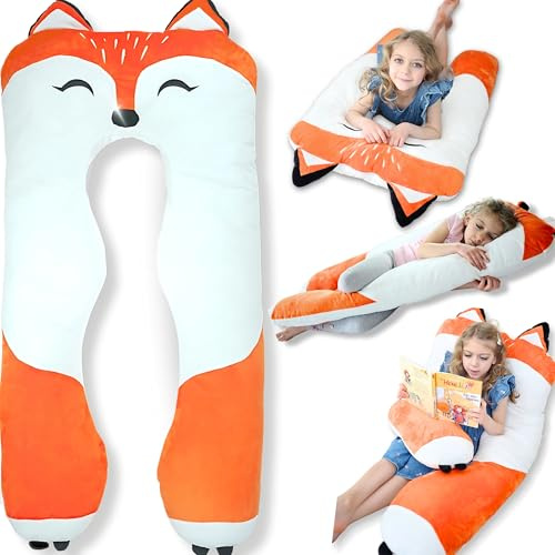 LUNAMIRA Fox Kids Body Pillow - 47 U-Shape Long Plush Soft Animal Pillow for Kids, Sleeping, Reading, ADHD & Special Needs Comfort, Anxiety, Washable Cover, Snuggle Fun Cuddle Gift for Boys & Girls