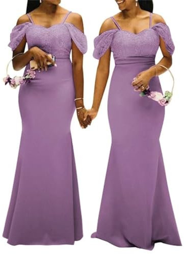 WSEYU Vestidos de dama de honor acampanados para boda con hombros descubiertos, tirantes delgados, vestidos formales de fiesta, Lila, 46