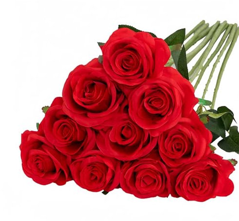 10 Pcs Artificial Roses, Red Fake Roses Artificial Flowers, with Stems Fake Artificial Red Roses Silk Flowers, for Home Garden Party Hotel Office Decor