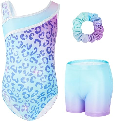 Gogokids Gymnastikset för flickor, tredelad y-hals, ärmlös leotard med shorts och hårband, balett, dansande leotard gymnastikdräkt med blå och lila färgblockdesign, 3–12 år, Himmelsblå, 130(120-130