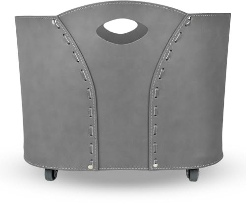LIMAC Design VOLTA Holzkorb aus Leder, moderne Brennholztasche, Originale Kaminholztasche, Kaminholzkorb, mit gummierten Rädern, Hergestellt in Italien. (Grau)