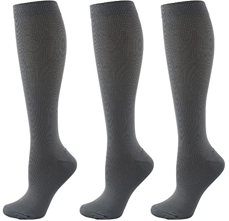 HYCOPROT 3 Paar Kompressionsstrümpfe für Damen und Herren, Kompressionssocken Stützstrümpfe 15-20 mmHg laufstrümpfe kompression für Fitness, Flug, Sport, Laufen, Radsport, Reise (Grau, XXL)