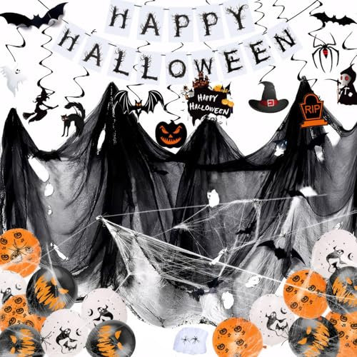 profiwoab Halloween Deko Spinnennetz Outdoor Spinnweben Dekoration DealKits Halloween Deko Stoff Gruseliges Tuch sorgt für mystische Stimmung |Spinne, Fledermaus, goldener Kürbis, kleiner Teufel