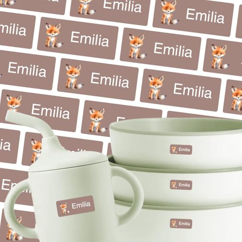 Namensaufkleber für Flasche & Brotdose (35 Sticker) – Aufkleber mit Name und Fuchs für Brotdosen oder Flaschen – Ideal für Schule und Kindergarten – Wasserfest, Spülmaschinenfest, 30 x 13 mm