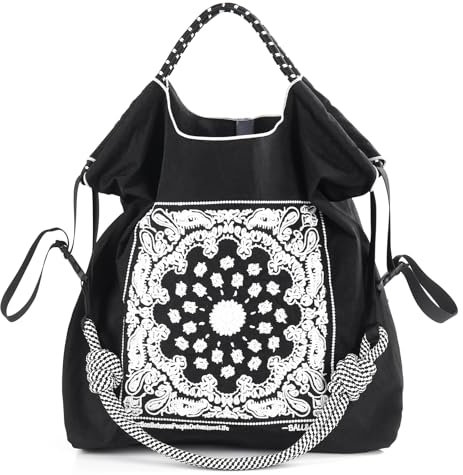Ball&Chain Strandtasche mit Stickerei für den Sommer – stilvoll, geräumig und perfekt für Frauen, Mutter, Freunde. Tolles Geschenk., Schwarz, Large