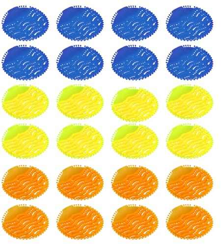 CNQLIS Paquete de 24 almohadillas desodorantes para urinario, almohadillas de orinal a prueba de salpicaduras, almohadillas ambientadoras desodorantes en tres aromas (brisa marina/limón/naranja) para