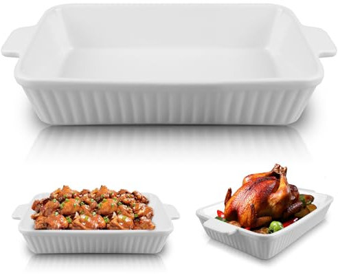 Fuente grande de 35 cm, de cerámica, para horno, grande, para lasaña, cazuela, tiramisú, rectangular, resistente a los arañazos, color blanco