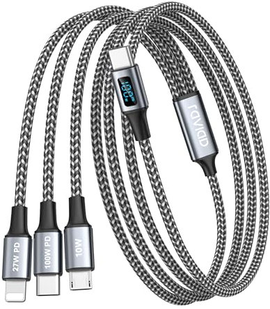 RAVIAD 100W Cavo USB C Ricarica Multiplo [1.2M] con Display LED USB C a USB C PD [100W]+TYP C a Lightning [27W]+TYP C a Micro [10W] per iPhone 16 15 14, Galaxy S24 S23, Pad Pro/Mini, MacBook/Air