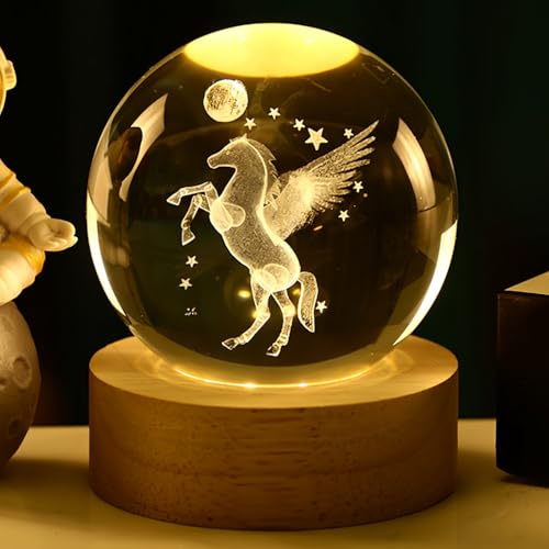 Night Light Kids,Crystal Ornaments,Christmas Crystal Glass Ball Lamps with Control LED Wooden Base,3D Engraved Crystals Ball Lamps Ornament Home Decor