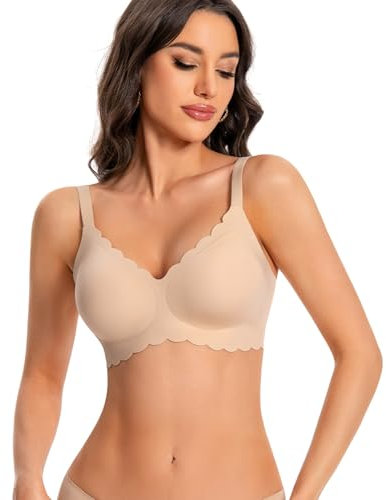 ANGOOL Seamless Bras for Women Wire Free Push Up V Neck Padded Bralette Soft Support Full Coverage Comfort Women Bra, Beige, M