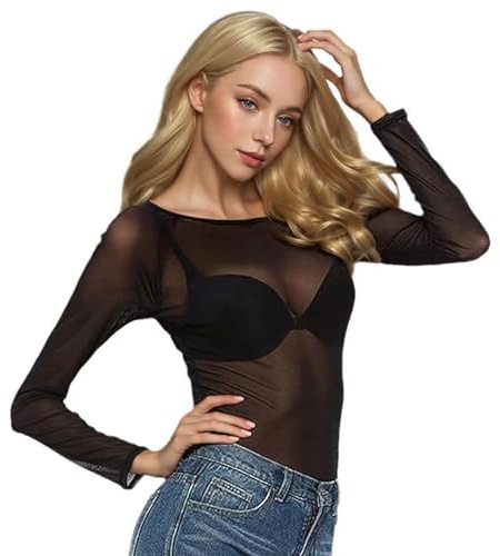 Weenwill Hauts Transparents Femme,Haut Femme Sexy,Sexy Haut Manches Longues T-Shirt Mesh Noir Blouse Transparent Elégant Sheer Top Maille Tulle Party Clubwear pour Fête,Tenues Quotidiennes