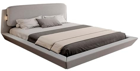 MB Muebles Bonitos, Letto Sospeso Matrimoniale 180x200cm Diana, Design Flottante con Illuminazione LED, Struttura in Legno Rivestita in Lino Grigio, Rete a Doghe, 2 Porte USB