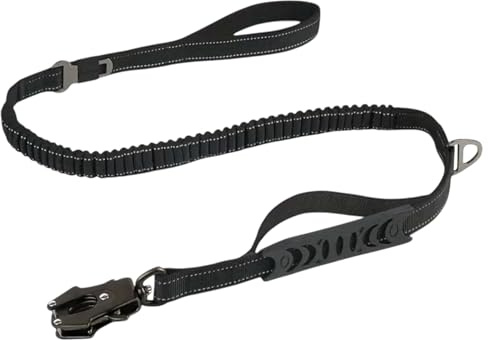 Hundeleine mit Autoanschnaller & Sicherheitskarabiner, Leine – Taktische Bungee-Leine für große Hunde – Dehnbar, bissfest, 2 Griffe, ruckdämpfend – Führleine & Anschnallgurt (Schwarz)
