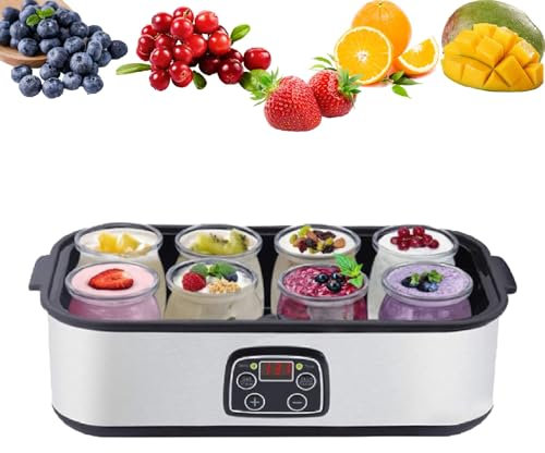 UEGFSIJRF Yogurtiera elettrica da 68 a 131 °F con 8 barattoli in Vetro, Display LCD, 1400 ml, Facile da Pulire, Popolare tra Mamme impegnate e buongustai