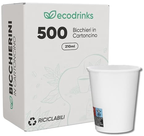 ecodrinks - 500 Bicchieri Carta Bianco da 210ml - Per Acqua, Cocktail, Bevande Calde e Fredde - Biodegradabili, Eco-friendly e Made in Italy