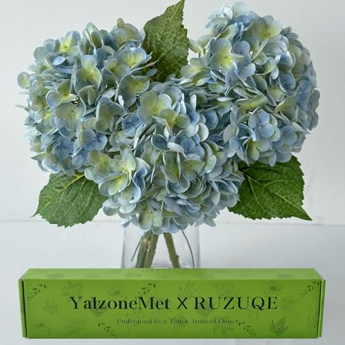 YalzoneMet 3 fiori artificiali di ortensia azzurro-verde, 53 cm, realistici al tatto, in lattice, fiori finti per tavoli di nozze, centrotavola per feste, casa, cucina, soggiorno, decorazione
