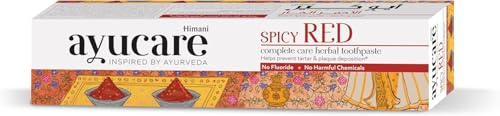 Himani Ayucare Spicy Red Dentifrice à base de plantes 150 ml – Avec clou de girofle, tulsi, cannelle et gingembre | Soins dentaires holistiques contre les caries avec autocollant Kajal | Sans produits