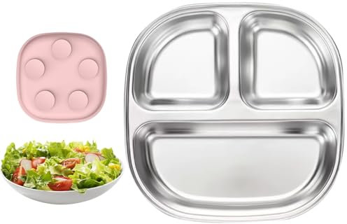 Kixolazr Assiettes Compartimentées pour | Vaisselle Enfant à Compartiments avec Bol Réutilisable | Vaisselle Réutilisable en Acier Inoxydable avec Ventouse - Couverts Anti-Dérapants pour Maison,