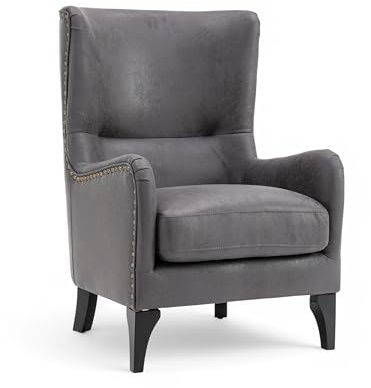 Stunning Chairs Grey Faux Leather Wingback Armchair – High Seat Armchair with Wooden Legs, Classic High Back Design, Elegant Fireside Chair, Wing Chair for Living Room, Bedroom