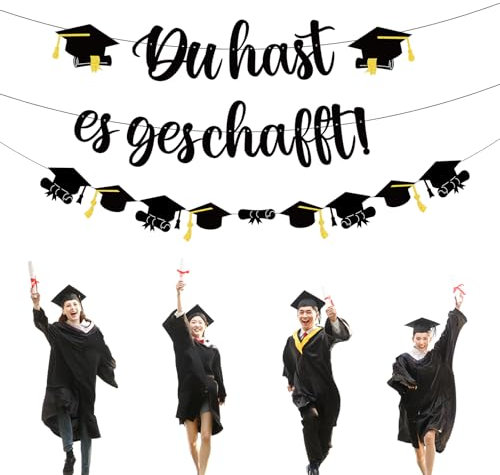 Graduation Deko Girlande Schwarz, Du Hast es Geschafft Banner, Abschluss Deko Girlande Banner, Schulabschluss Deko Banner, Graduation Abschluss Deko, fur Bachelor Master Doktor Abschlussfeiern